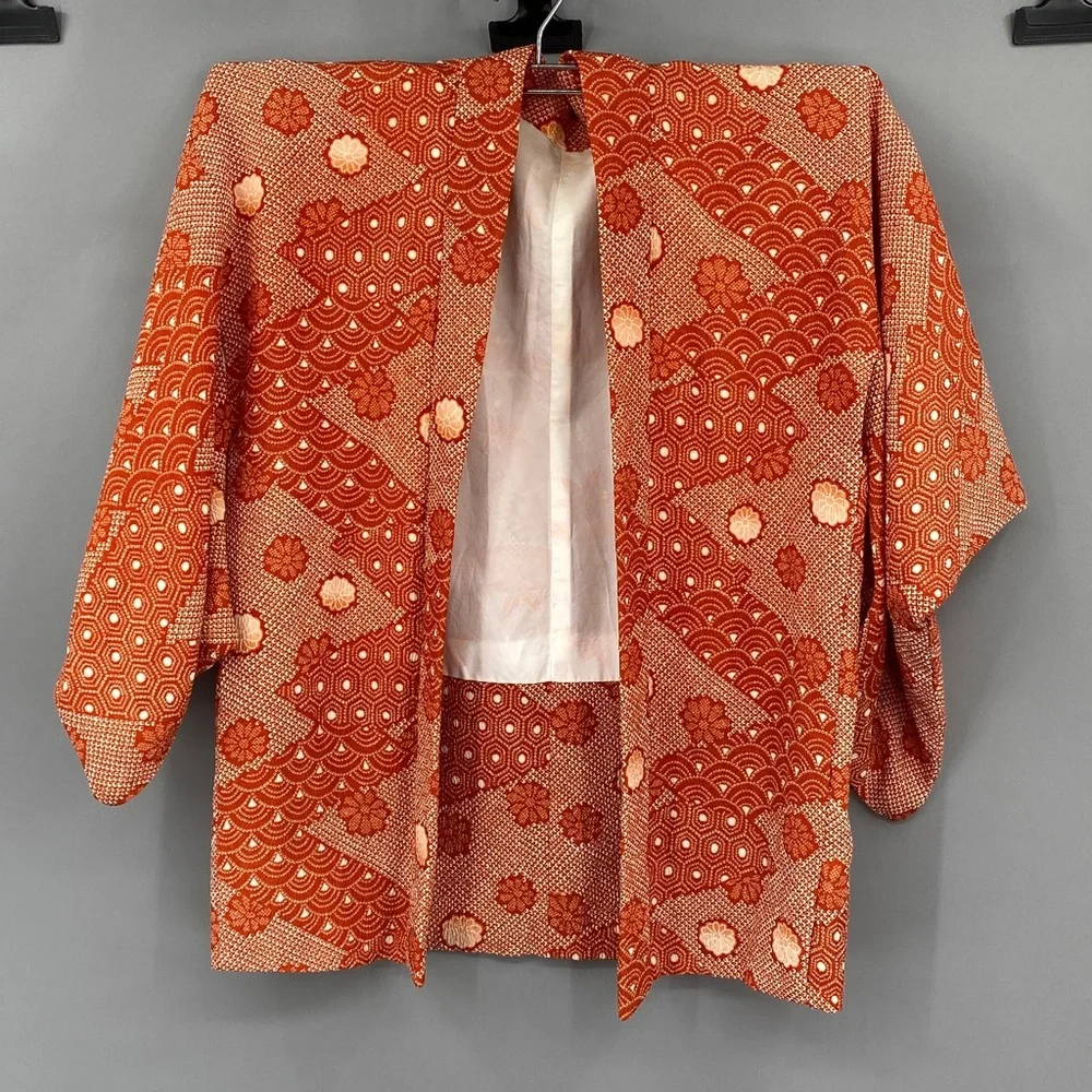 Vintage 60s 70s Orange Floral True Kimono Jacket Textured Hippie Psychedelic - Picture 11 of 14